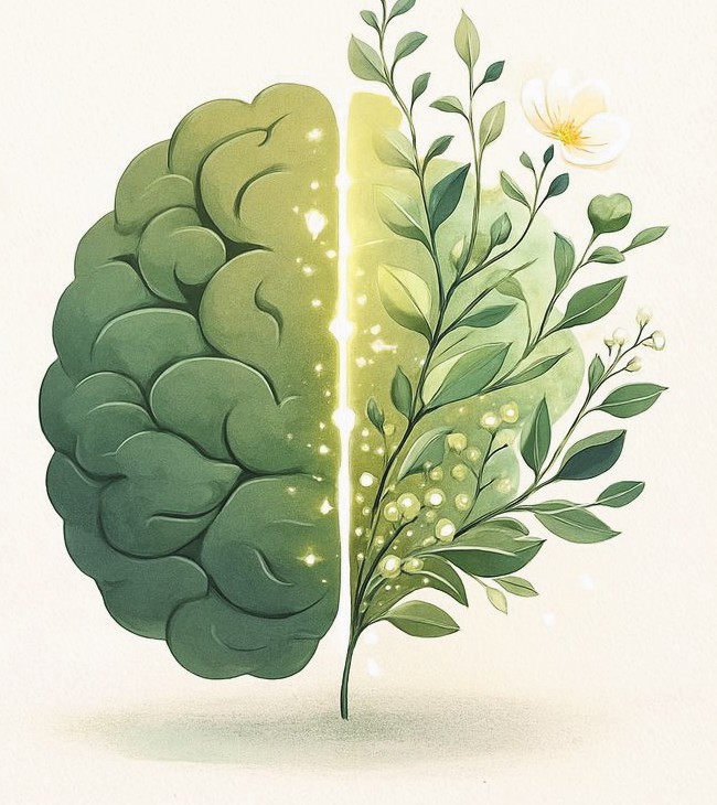 Watercolour artwork of a mind in bloom: one half a brain, the other half a flowering branch
